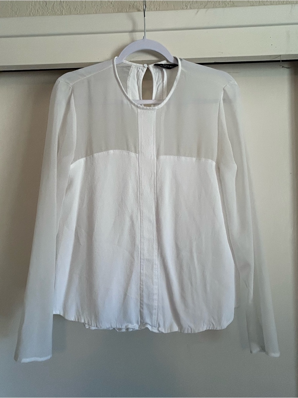 Zara White Sheer Yoke Long Sleeve Blouse